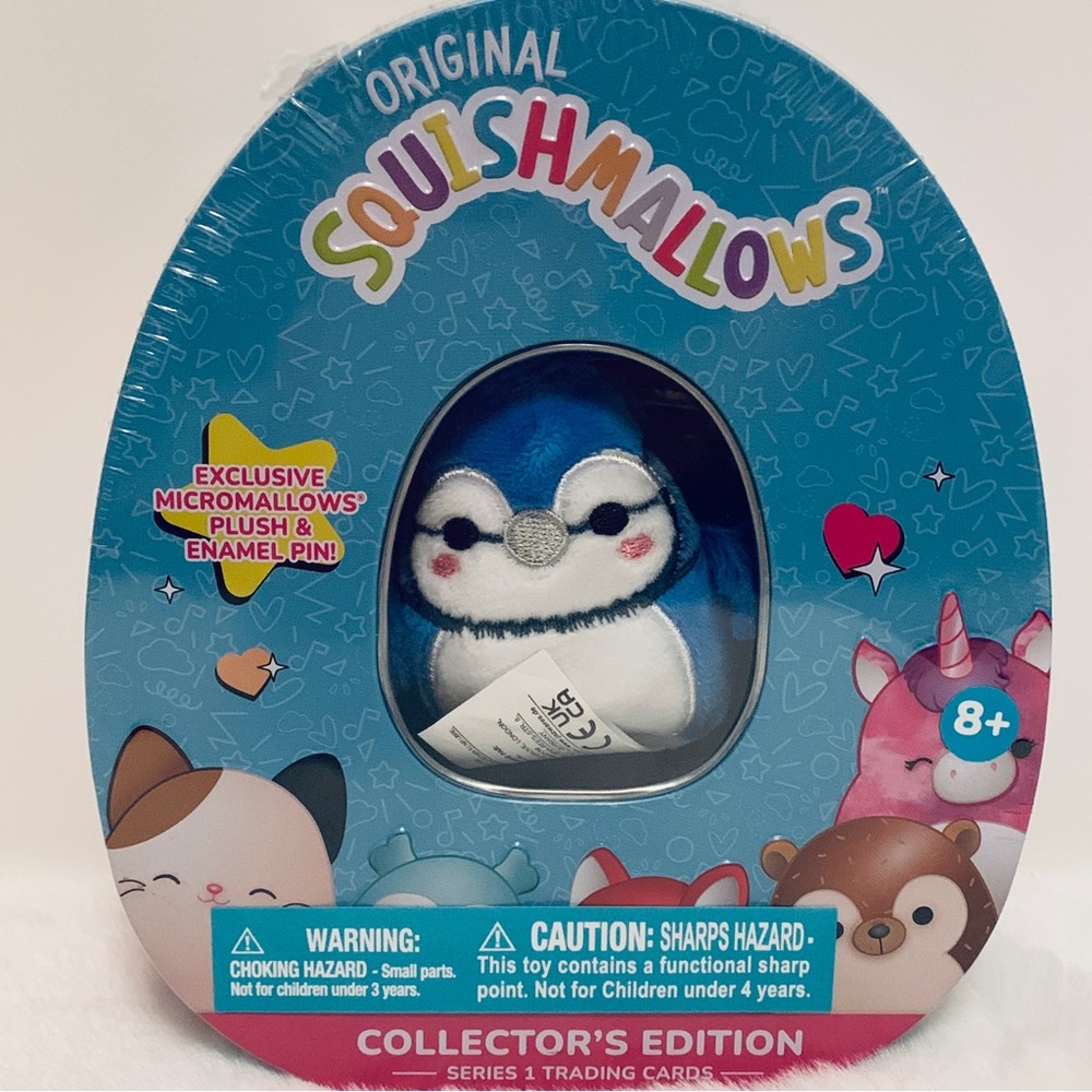 Squishmallow Babs Bluejay Collector’s Tin, Micromallow, Lapel Pin, Sealed New